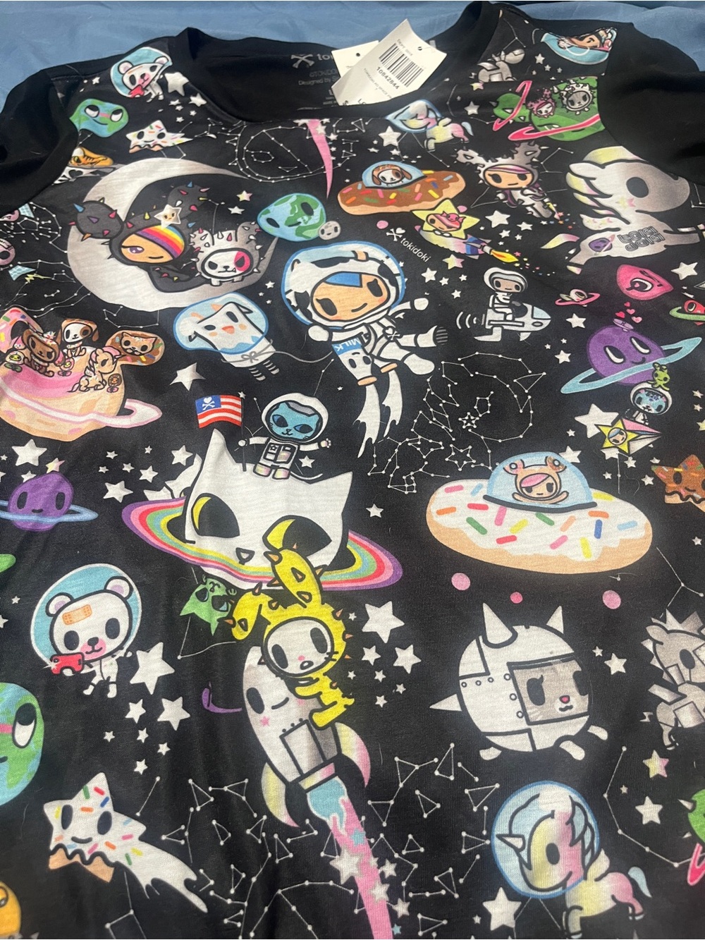 tokidoki Black Short Sleeve Tee w Multicolor Space Character Print ladies L NWT